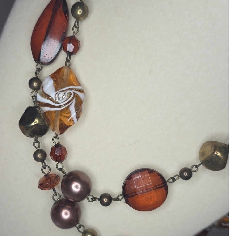 Long Unbranded Blown Glass Bead Necklace Sparkle Art Glass Brown Bronze Tone - Picture 7 of 11
